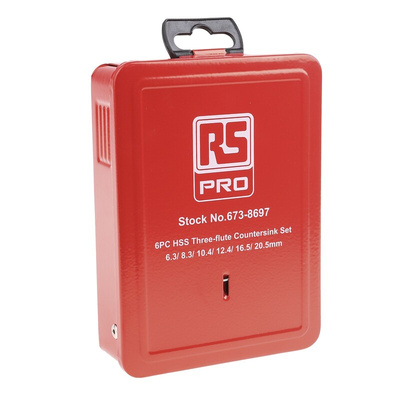RS PRO HSS Countersink Drill Bit Set, 6.3 mm, 8.3 mm, 10.4 mm, 12.4 mm, 16.5 mm, 20.5 mm Head, 3 Flute(s), 90°, 6