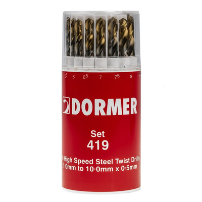 Dormer 19-Piece Twist Drill Bit Set for Multi-Material, 10mm Max, 1mm Min, HSS-TiN Bits