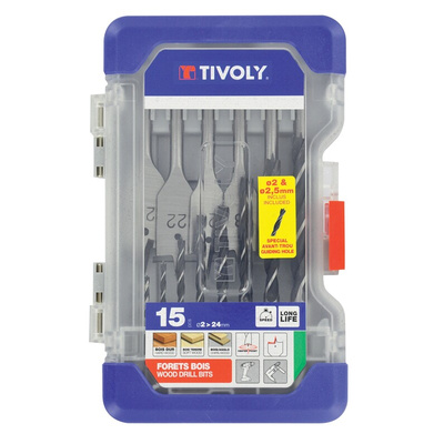 Tivoly 15-Piece Wood Drill Bit Set for Wood, 22mm Max, 2mm Min