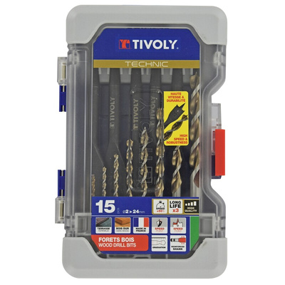Tivoly 15-Piece Wood Drill Bit Set for Wood, 24mm Max, 2mm Min, HSS Bits