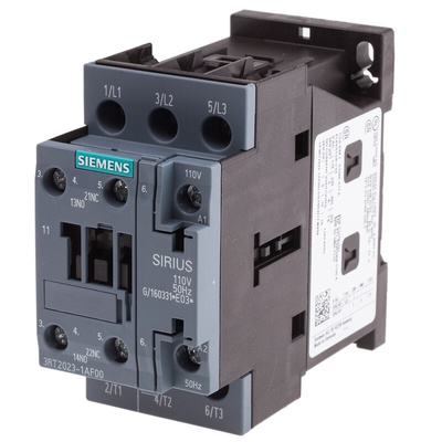Siemens 3RT2 Series Contactor, 110 V ac Coil, 3-Pole, 9 A, 4 kW, 3NO, 400 V ac