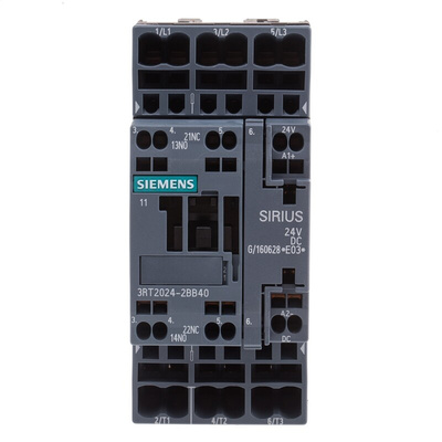 Siemens 3RT2 Series Contactor, 24 V dc Coil, 3-Pole, 12 A, 5.5 kW, 3NO, 400 V ac