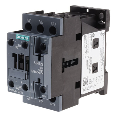 Siemens 3RT2 Series Contactor, 110 V ac Coil, 3-Pole, 38 A, 18.5 kW, 3NO, 400 V ac