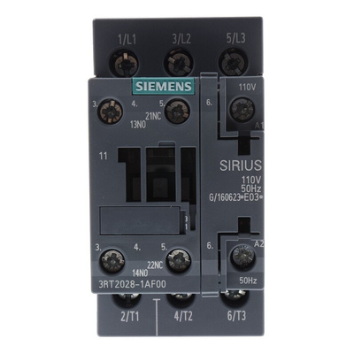 Siemens 3RT2 Series Contactor, 110 V ac Coil, 3-Pole, 38 A, 18.5 kW, 3NO, 400 V ac