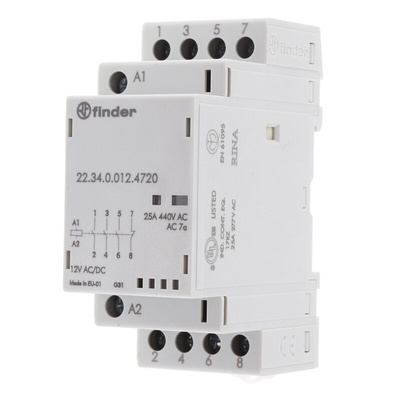 Finder 22 Series Series Contactor, 12 V dc Coil, 4-Pole, 25 A, 4 kW, 3NO + 1NC, 250 V ac, 440 V ac