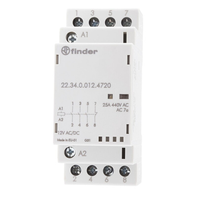 Finder 22 Series Series Contactor, 12 V dc Coil, 4-Pole, 25 A, 4 kW, 3NO + 1NC, 250 V ac, 440 V ac