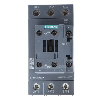 Siemens 3RT2 Series Contactor, 230 V ac Coil, 3-Pole, 40 A, 18.5 kW, 3NO, 400 V ac