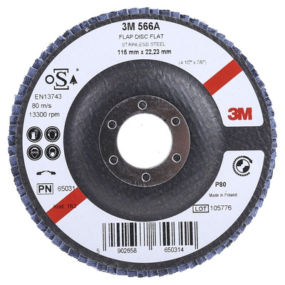 3M 566A Zirconia Aluminium Flap Disc, 115mm, Medium Grade, P80 Grit, PN65026