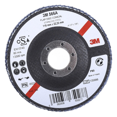 3M 566A Zirconia Aluminium Flap Disc, 115mm, Medium Grade, P80 Grit, PN65026