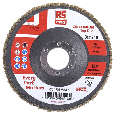 RS PRO Zirconium Dioxide Flap Disc, 115mm, P40 Grit