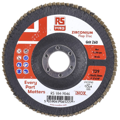 RS PRO Zirconium Dioxide Flap Disc, 125mm, P60 Grit, 5 in pack
