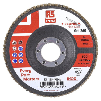 RS PRO Zirconium Dioxide Flap Disc, 115mm, P60 Grit