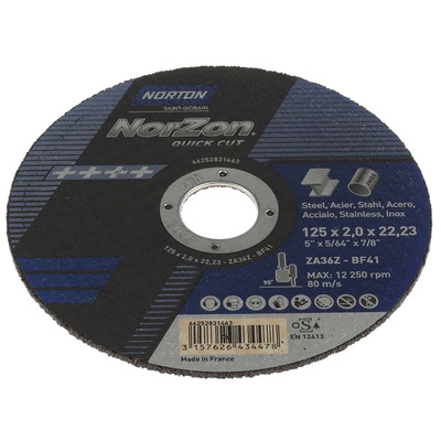 Norton Cutting Disc Zirconium Cutting Disc, 125mm x 2mm Thick, P36 Grit, Norzon, 5 in pack