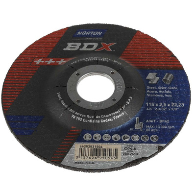 Norton Cutting Disc Aluminium Oxide Cutting Disc, 115mm x 2.5mm Thick, P36 Grit, BDX, 5 in pack