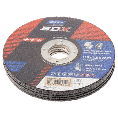 Norton Cutting Disc Aluminium Oxide Cutting Disc, 115mm x 2.5mm Thick, P36 Grit, BDX, 5 in pack