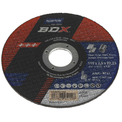 Norton Cutting Disc Aluminium Oxide Cutting Disc, 115mm x 2.5mm Thick, P36 Grit, BDX, 5 in pack