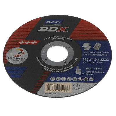 Norton Cutting Disc Aluminium Oxide Cutting Disc, 115mm x 1mm Thick, P60 Grit, BDX, 5 in pack