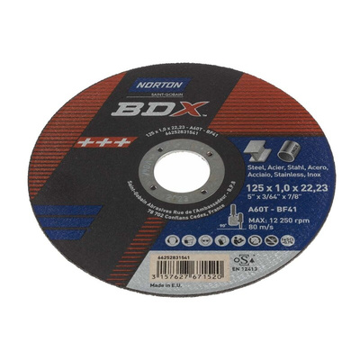 Norton Cutting Disc Aluminium Oxide Cutting Disc, 125mm x 1mm Thick, Medium Grade, P60 Grit, BDX, 5 in pack
