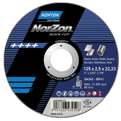 Norton Cutting Disc Zirconium Cutting Disc, 180mm x 3.2mm Thick, P30 Grit, Norton Norzon Quick Cut, 5 in pack