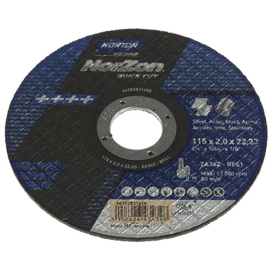 Norton Cutting Disc Zirconium Cutting Disc, 115mm x 2mm Thick, P36 Grit, Norton Norzon Quick Cut, 5 in pack