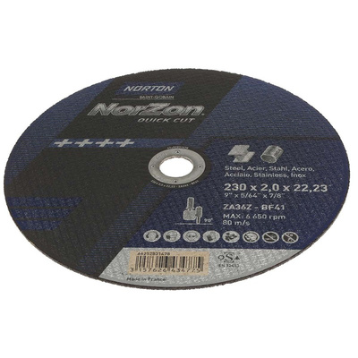 Norton Cutting Disc Zirconium Cutting Disc, 230mm x 2mm Thick, P36 Grit, Norton Norzon Quick Cut, 5 in pack