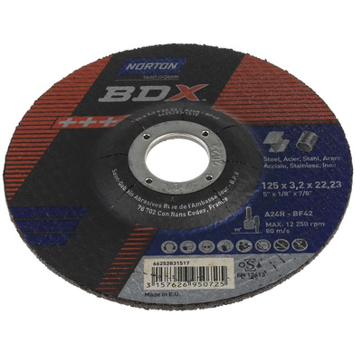 Norton Cutting Disc Aluminium Oxide Cutting Disc, 125mm x 3.2mm Thick, P24 Grit, BDX, 5 in pack