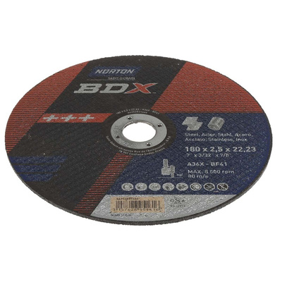 Norton Cutting Disc Aluminium Oxide Cutting Disc, 180mm x 2.5mm Thick, P36 Grit, BDX, 5 in pack