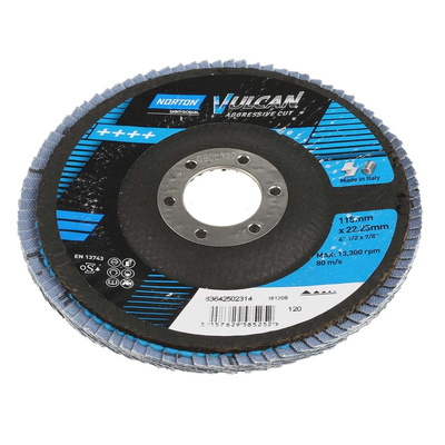 Norton Flap Disc Zirconium Oxide Flap Disc, 115mm, Fine Grade, P120 Grit, Vulcan