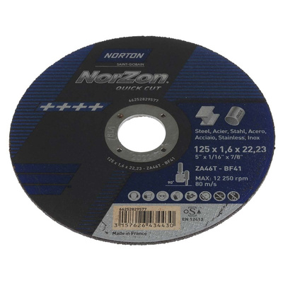 Norton Cutting Disc Zirconium Grinding Disc, 125mm x 1.6mm Thick, P46 Grit, Norton Norzon Quick Cut, 5 in pack