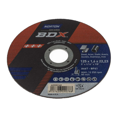 Norton Cutting Disc Aluminium Oxide Cutting Disc, 125mm x 1.6mm Thick, P46 Grit, BDX, 5 in pack