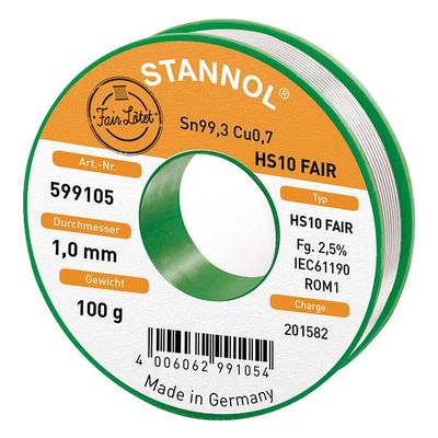 Stannol Wire, 1mm Lead Free Solder, 227°C Melting Point