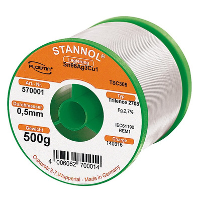 Stannol Wire, 0.5mm Lead Free Solder, 217°C Melting Point