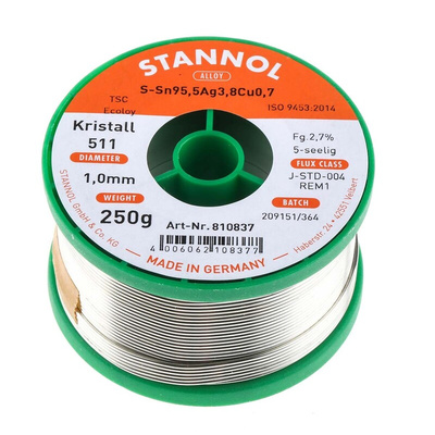 Stannol Wire, 1mm Lead Free Solder, 217°C Melting Point