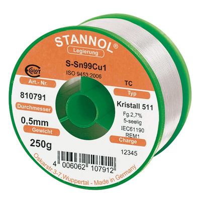 Stannol Wire, 0.5mm Lead Free Solder, 227°C Melting Point