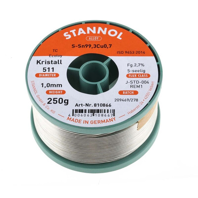 Stannol Wire, 1mm Lead Free Solder, 227°C Melting Point