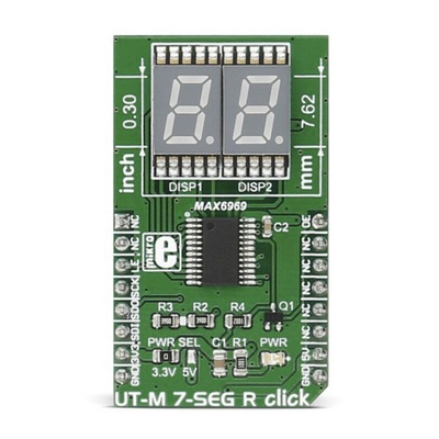 MikroElektronika MIKROE-2746, UT-M 7-SEG R Click Double 7 Segment Display mikroBus Click Board With MAX6969, DSM7UA30101