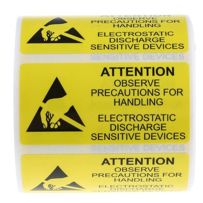 RS PRO Yellow Vinyl ESD Label, Attention-Text 50 mm x 25mm