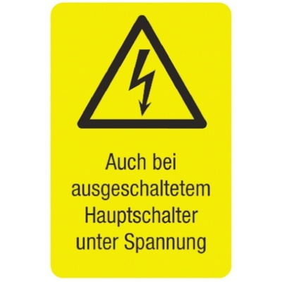 Idento Self-Adhesive Auch bei ausgeschaltetem Hauptschalter unter Spannung Hazard Warning Sign (German)