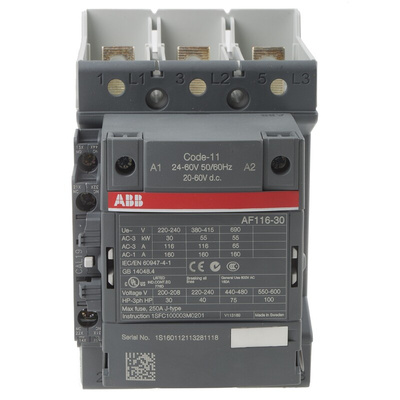 ABB AF Series Contactor, 24 V ac/dc Coil, 3-Pole, 160 A, 55 kW, 3NO, 690 V ac