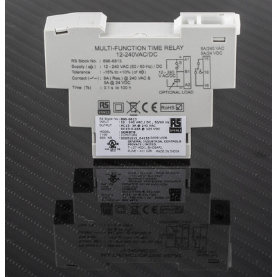 RS PRO DIN Rail Mount Timer Relay, 12 → 240V ac/dc, 1-Contact, 0.1 s → 100h, SPDT