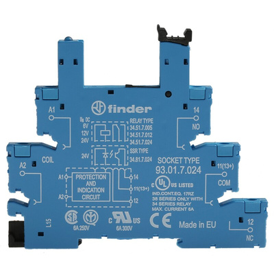 Finder 93 5 Pin 6→24V dc DIN Rail Relay Socket, for use with 34.81, 34.51 Series Relay