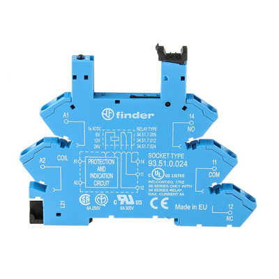 Finder 93 5 Pin 12V ac/dc DIN Rail Relay Socket, for use with 34.51