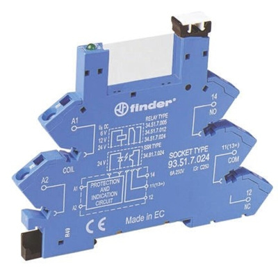 Finder 93 5 Pin 250V ac DIN Rail Relay Socket, for use with 34.51, 34.81