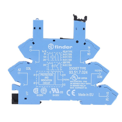 Finder 93 5 Pin 12V dc DIN Rail Relay Socket, for use with 34.51 Series Relay