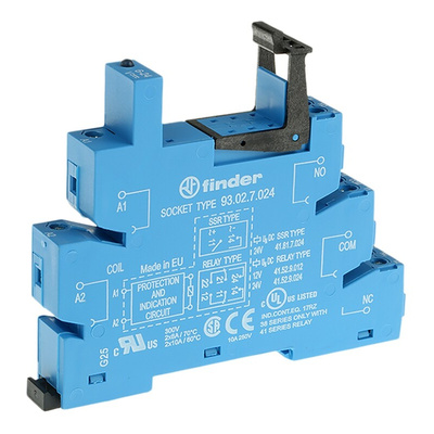 Finder 93 24V dc DIN Rail Relay Socket, for use with 38.62, 38.52 Series Relay