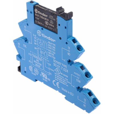 Finder 38 Series Interface Relay, DIN Rail Mount, 24V dc Coil, SPDT, 1-Pole