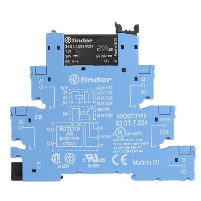Finder 38 Series Interface Relay, DIN Rail Mount, 24V dc Coil, SPST