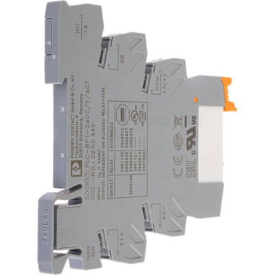 Phoenix Contact PLC-RPT- 24DC/ 1/MS/ACT Series Interface Relay, DIN Rail Mount, 230V dc Coil, SPST, 1-Pole