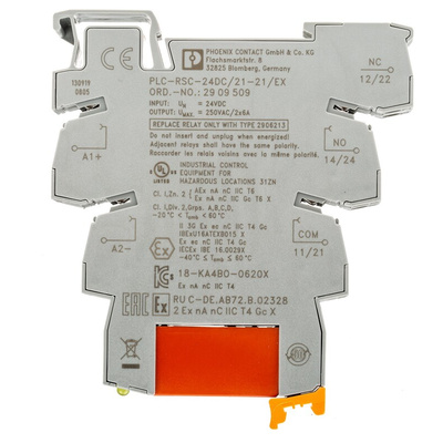 Phoenix Contact PLC-RSC- 24DC/21-21/EX Series Interface Relay, DIN Rail Mount, 24V dc Coil, DPDT, 2-Pole