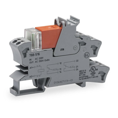 Wago 788 Series Interface Relay, DIN Rail Mount, 24V ac Coil, DPDT, 8A Load